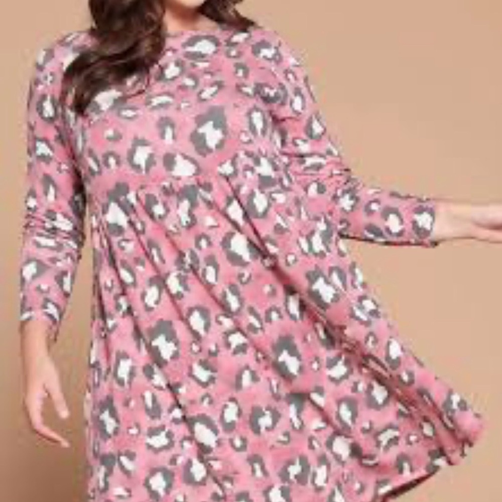 NWOT-Emerald Brand Pink/Merlot/Gray Leopard Long Sleeve Tunic Dress SZ L